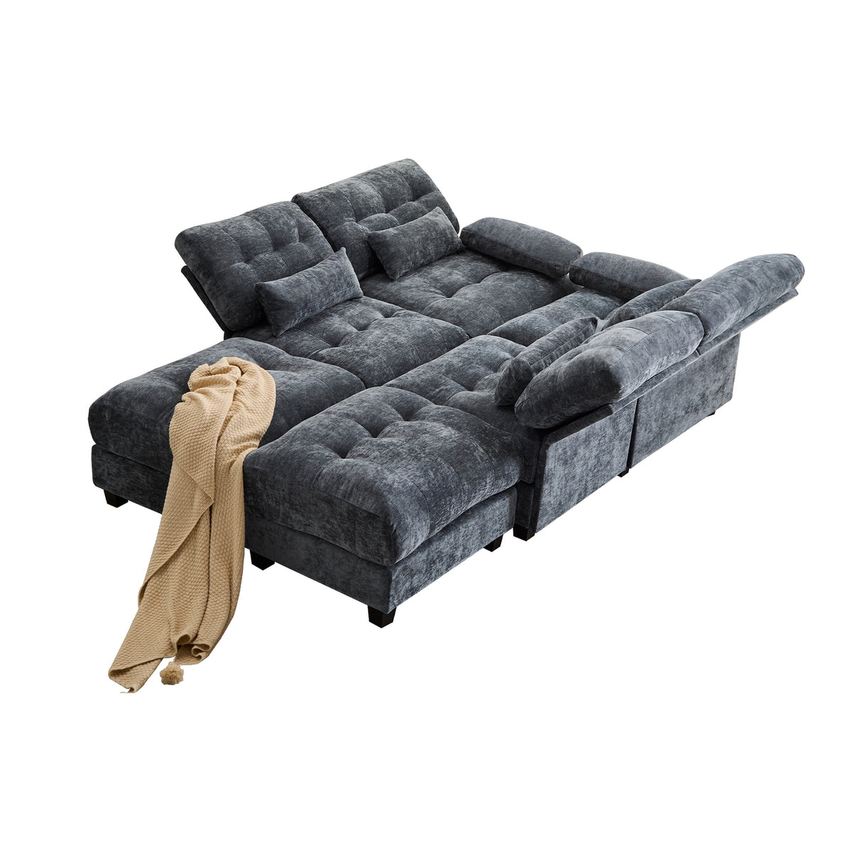 119" 4-Seater Sofa with 2 Ottomans - 4-Position Adjustable Backrest, 350lb/Seat, Soft Chenille Fabric, 4 Throw Pillows, Easy Assembly