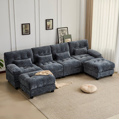 119" 4-Seater Sofa with 2 Ottomans - 4-Position Adjustable Backrest, 350lb/Seat, Soft Chenille Fabric, 4 Throw Pillows, Easy Assembly