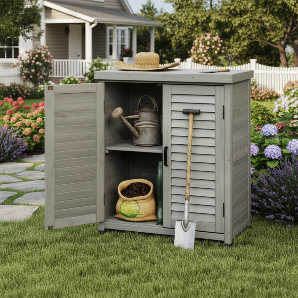 Potting Bench with Storage Cabinet and Metal Table Top for Outdoor Patio, Garden Furniture Wood Workstation Grey 31.5x17x36''