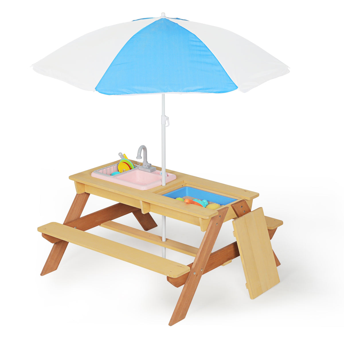 Wooden Kids Picnic Table, Sand and Water Table with Umbrella, Activity Table for Outdoor Backyard Patio Play