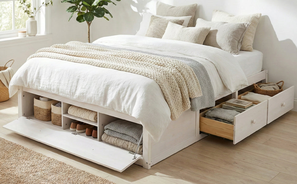 Queen Size Platform Bed Frame with 4 Storage Drawers and Hydraulic Lift Footboard Storage, No Headboard, Modern Space-Saving Design-Antique White