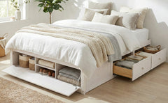 Queen Size Platform Bed Frame with 4 Storage Drawers and Hydraulic Lift Footboard Storage, No Headboard, Modern Space-Saving Design-Antique White