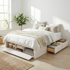 Queen Size Platform Bed Frame with 4 Storage Drawers and Hydraulic Lift Footboard Storage, No Headboard, Modern Space-Saving Design-Antique White