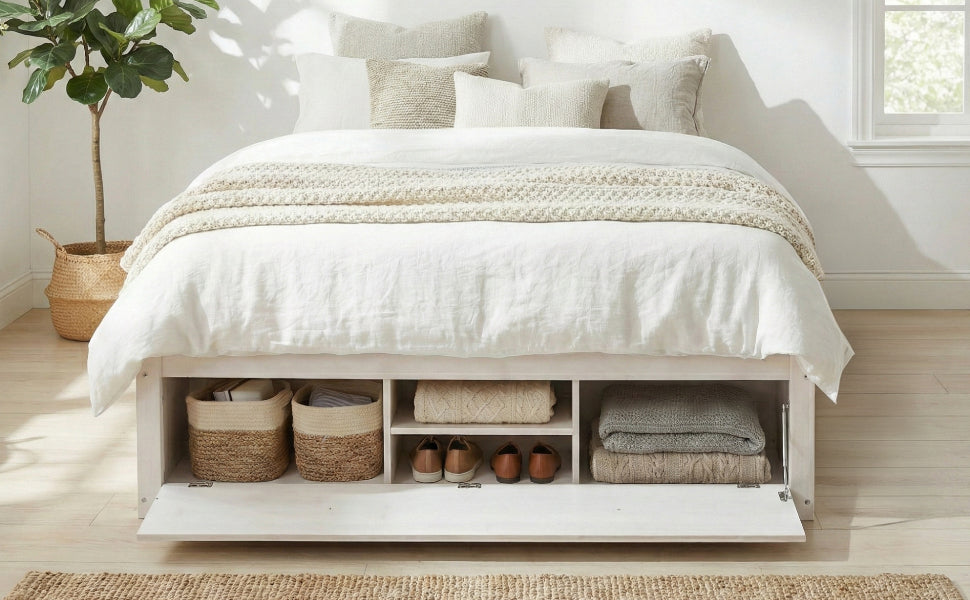 Queen Size Platform Bed Frame with 4 Storage Drawers and Hydraulic Lift Footboard Storage, No Headboard, Modern Space-Saving Design-Antique White