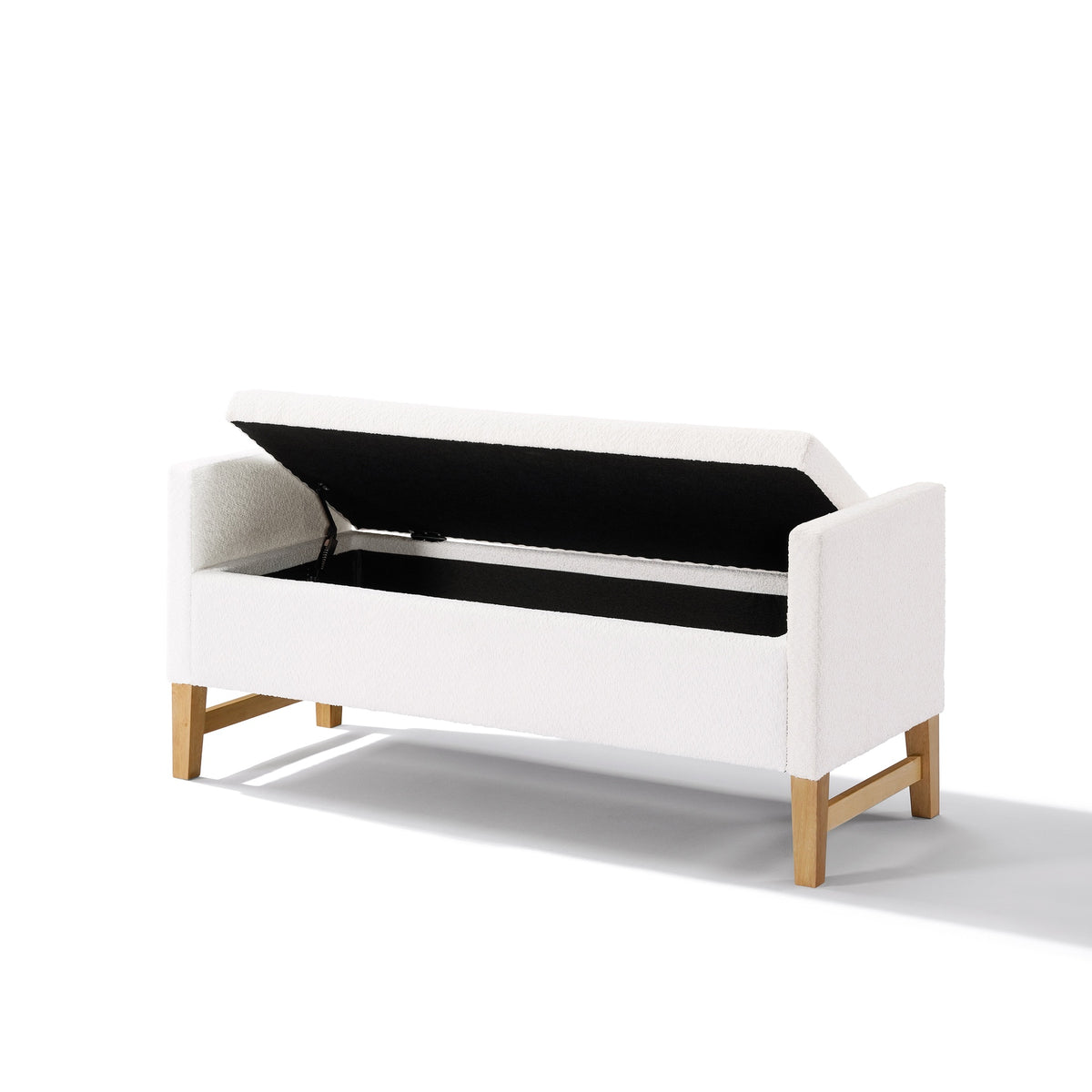 Upholstered Storage Ottoman, Wooden Legs, Ivory, Boucle