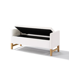 Upholstered Storage Ottoman, Wooden Legs, Ivory, Boucle