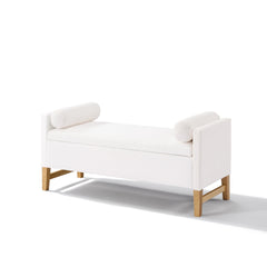 Upholstered Storage Ottoman, Wooden Legs, Ivory, Boucle