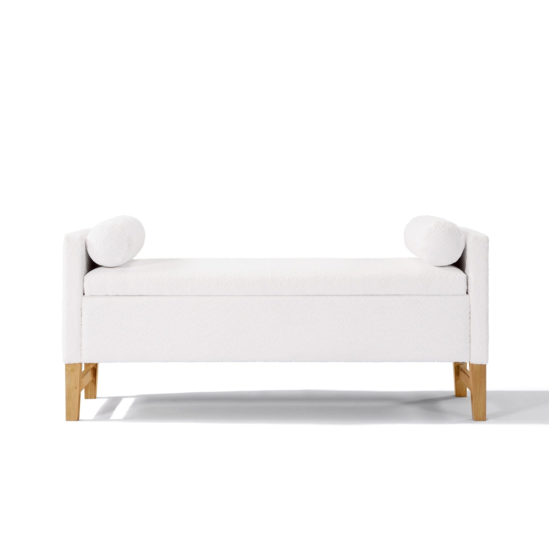 Upholstered Storage Ottoman, Wooden Legs, Ivory, Boucle