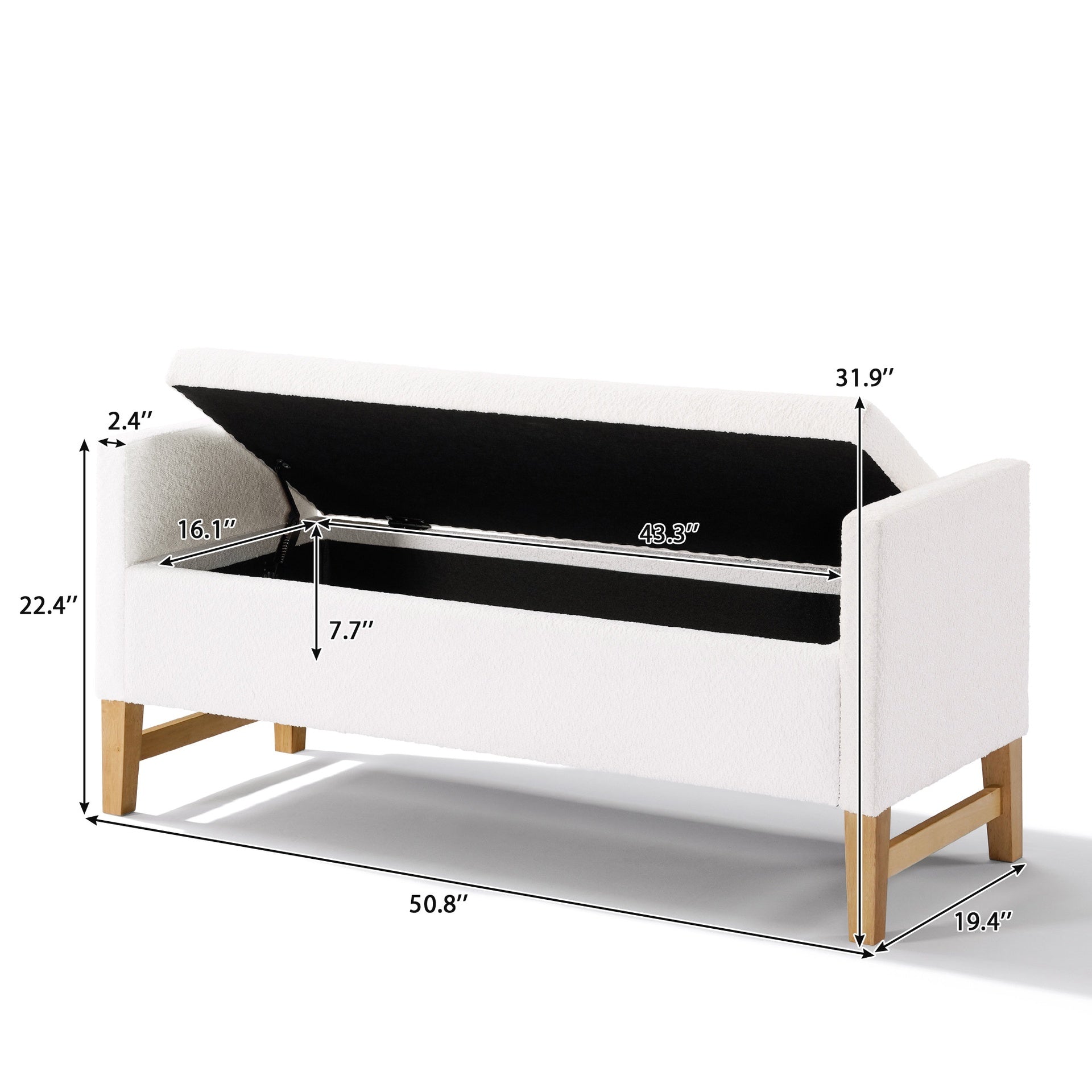 Upholstered Storage Ottoman, Wooden Legs, Ivory, Boucle