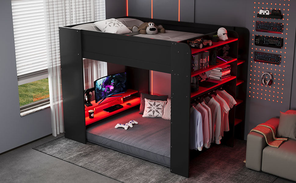 Full Size Wood Bunk Bed with height-adjustable Desk,Wardrobe,Ample Storage Space,and RGB Light, Red