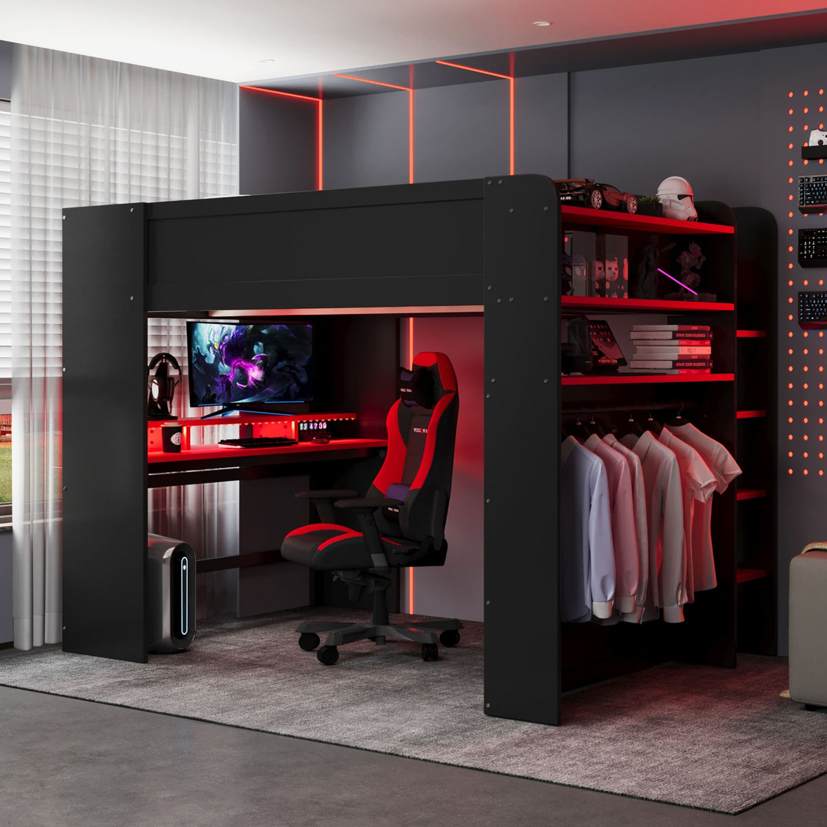 Full Size Wood Bunk Bed with height-adjustable Desk,Wardrobe,Ample Storage Space,and RGB Light, Red