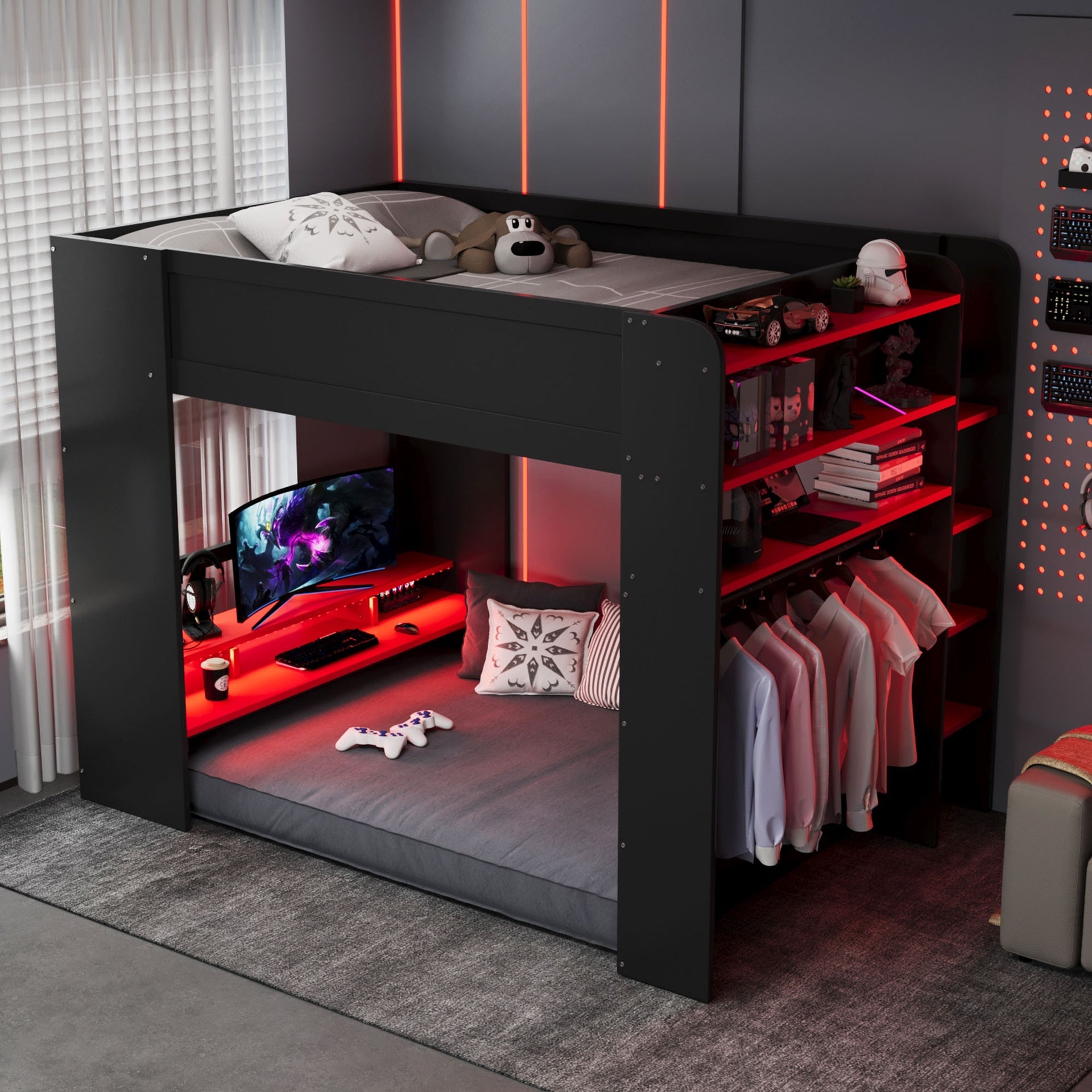 Full Size Wood Bunk Bed with height-adjustable Desk,Wardrobe,Ample Storage Space,and RGB Light, Red