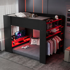 Full Size Wood Bunk Bed with height-adjustable Desk,Wardrobe,Ample Storage Space,and RGB Light, Red