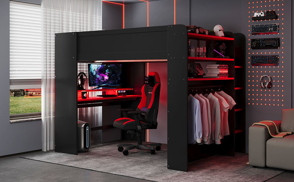 Full Size Wood Bunk Bed with height-adjustable Desk,Wardrobe,Ample Storage Space,and RGB Light, Red