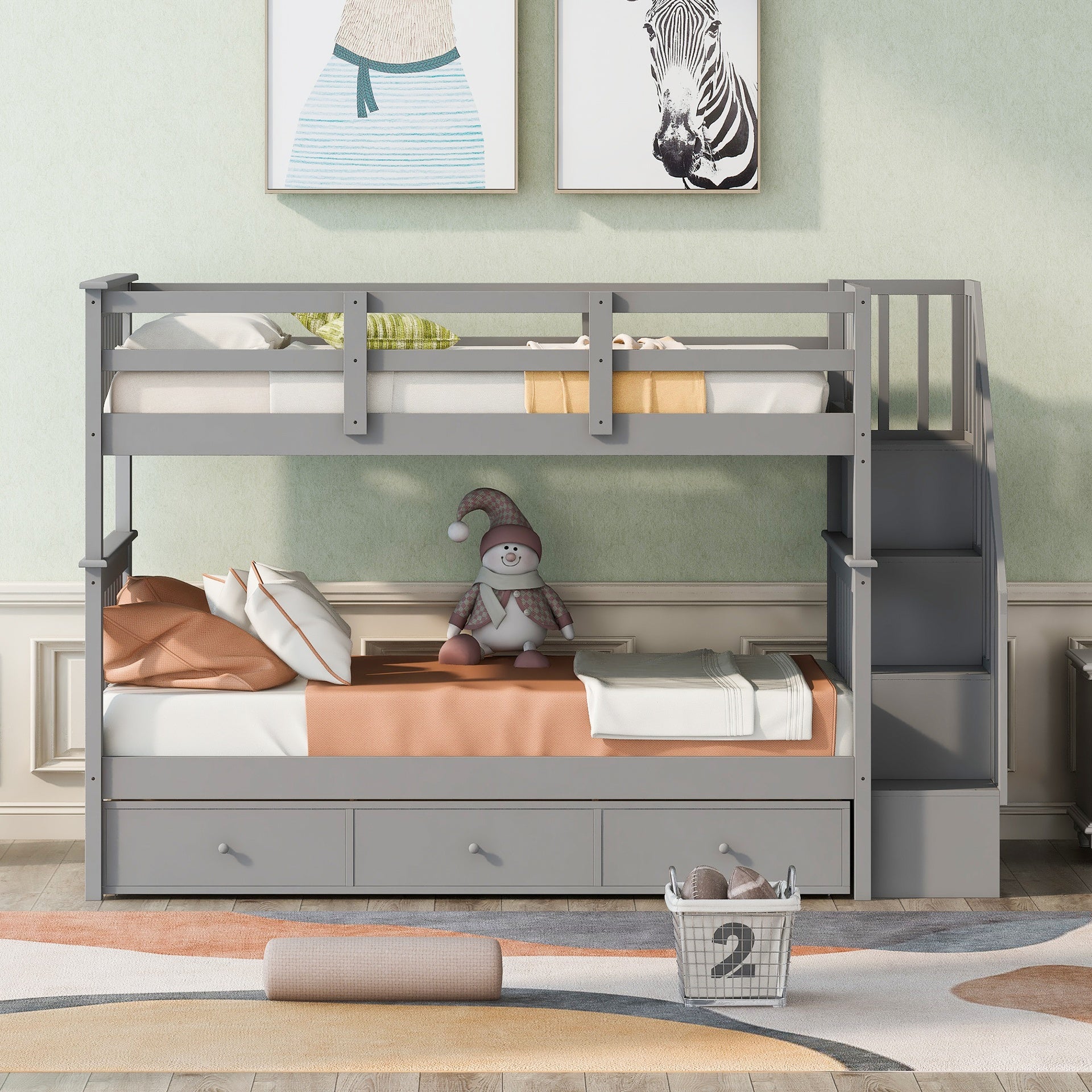 Stairway Twin-Over-Twin Bunk Bed with Three Drawers for Bedroom, Dorm - Gray(Old SKU: LT000309AAE)