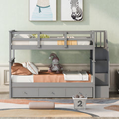 Stairway Twin-Over-Twin Bunk Bed with Three Drawers for Bedroom, Dorm - Gray(Old SKU: LT000309AAE)
