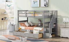 Stairway Twin-Over-Twin Bunk Bed with Three Drawers for Bedroom, Dorm - Gray(Old SKU: LT000309AAE)