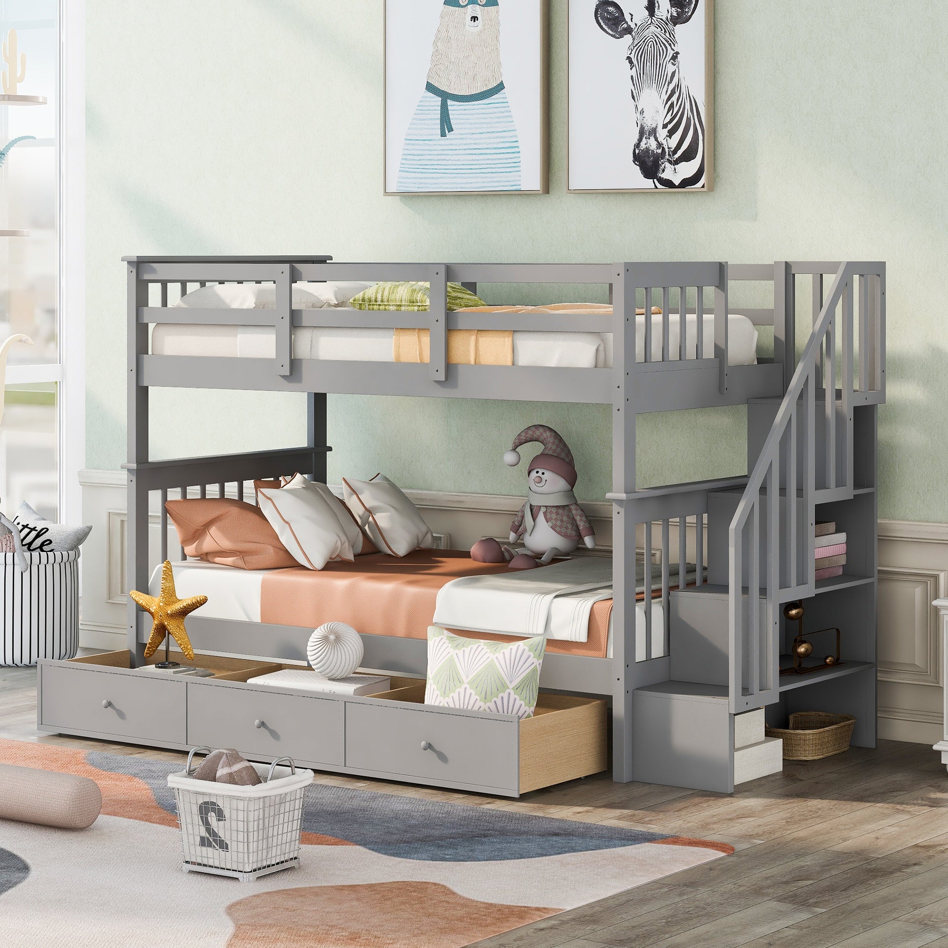 Stairway Twin-Over-Twin Bunk Bed with Three Drawers for Bedroom, Dorm - Gray(Old SKU: LT000309AAE)