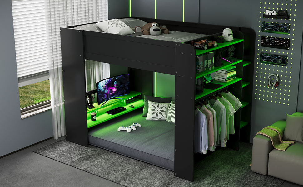 Full Size Wood Bunk Bed with height-adjustable Desk,Wardrobe,Ample Storage Space,and RGB Light, Green