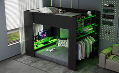 Full Size Wood Bunk Bed with height-adjustable Desk,Wardrobe,Ample Storage Space,and RGB Light, Green