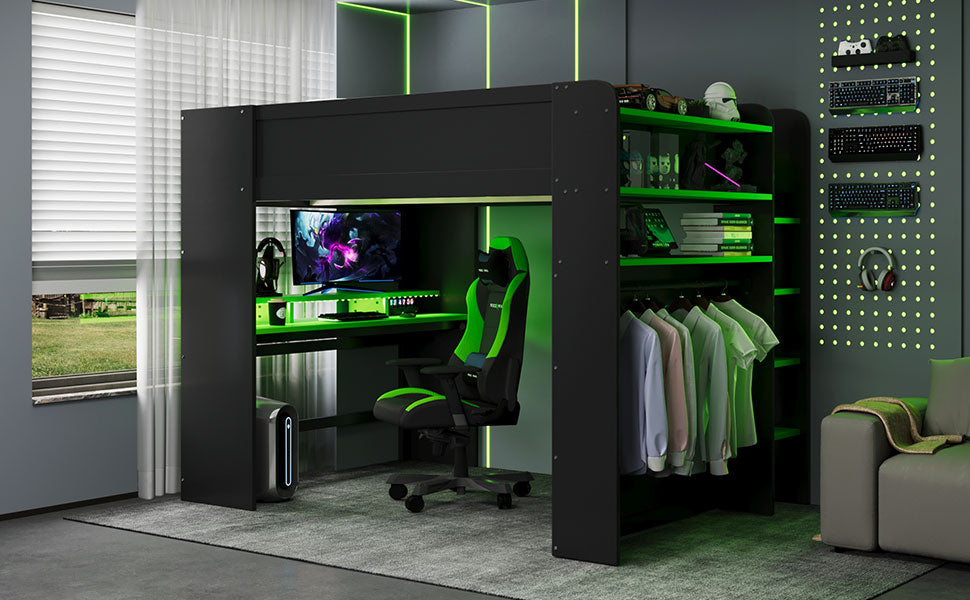 Full Size Wood Bunk Bed with height-adjustable Desk,Wardrobe,Ample Storage Space,and RGB Light, Green