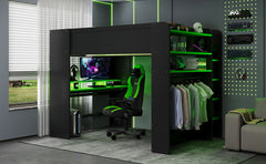Full Size Wood Bunk Bed with height-adjustable Desk,Wardrobe,Ample Storage Space,and RGB Light, Green
