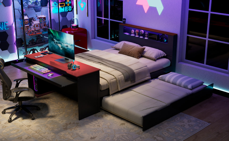 Full Size Wood Daybed with Twin Size Trundle,Desk,LED light and USB,Black+Red