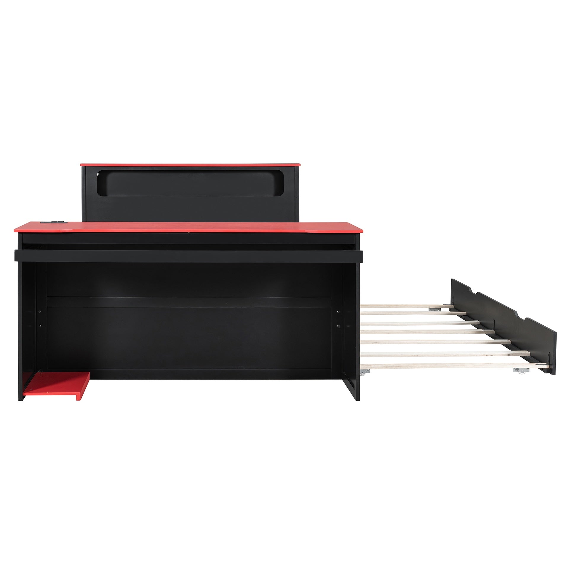 Full Size Wood Daybed with Twin Size Trundle,Desk,LED light and USB,Black+Red