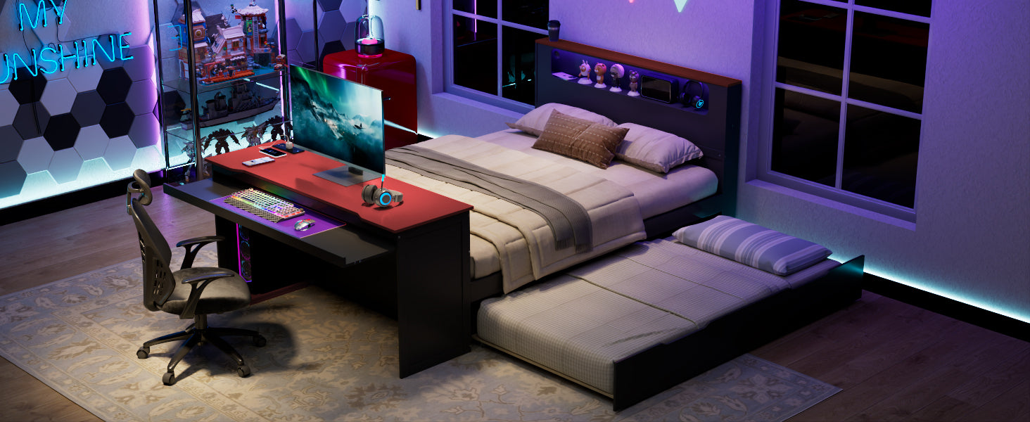 Full Size Wood Daybed with Twin Size Trundle,Desk,LED light and USB,Black+Red