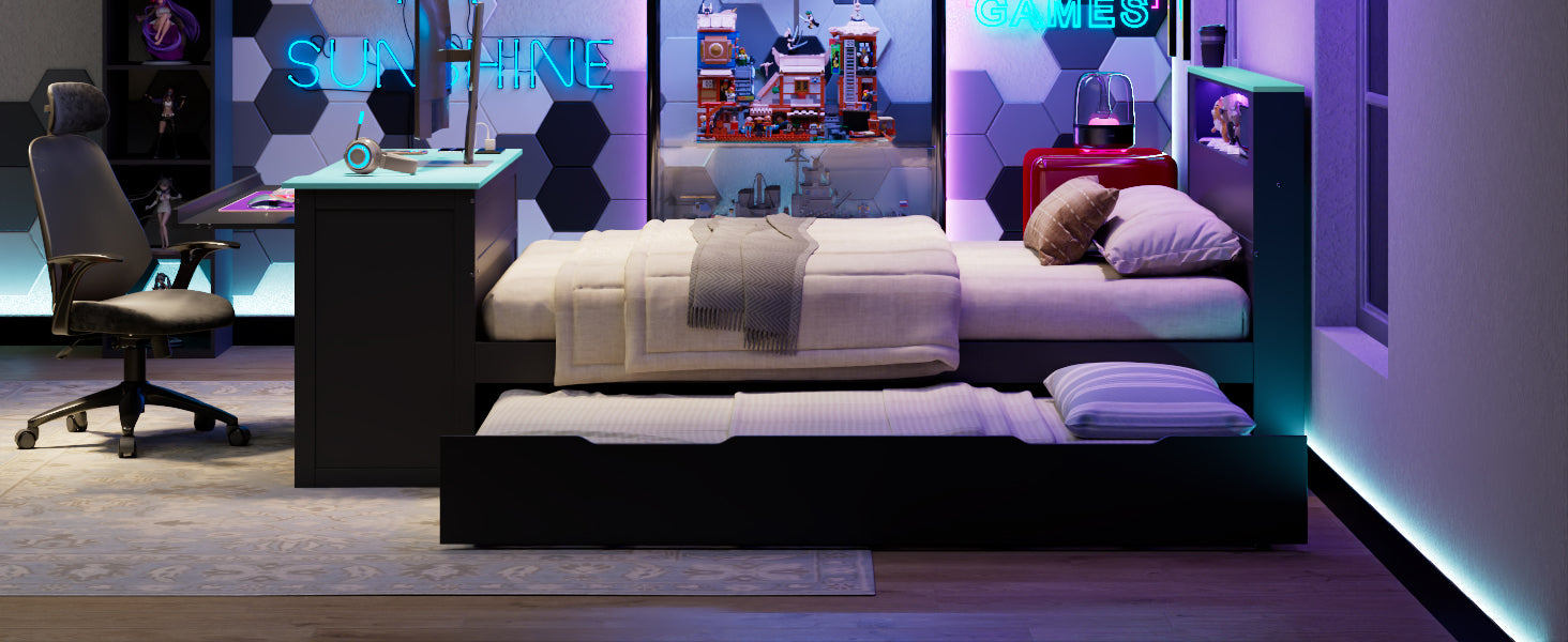 Full Size Wood Daybed with Twin Size Trundle,Desk,LED light and USB,Black+Blue
