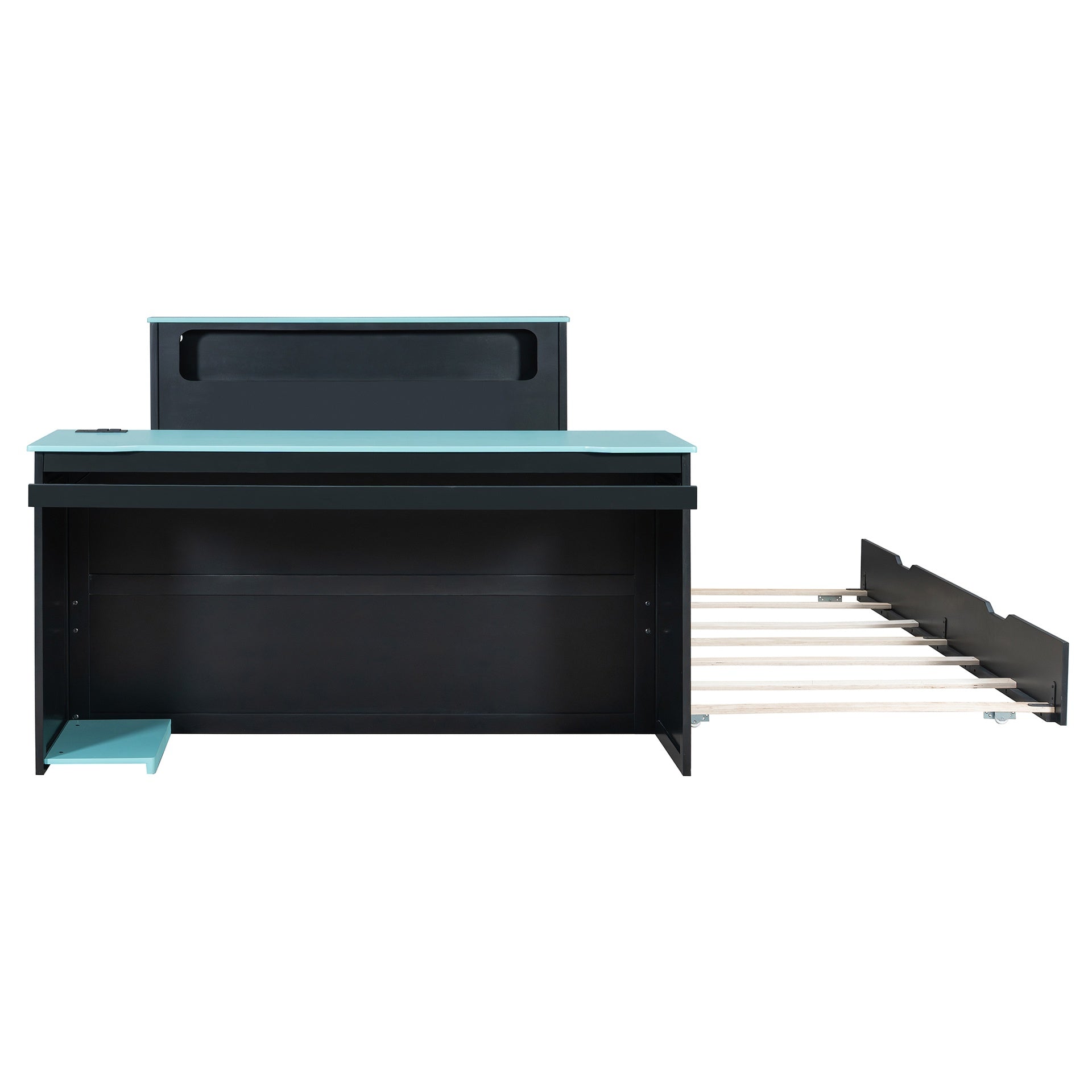 Full Size Wood Daybed with Twin Size Trundle,Desk,LED light and USB,Black+Blue