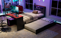 Twin Size Wood Daybed with Twin Size Trundle,Desk,LED light and USB,Black+Red