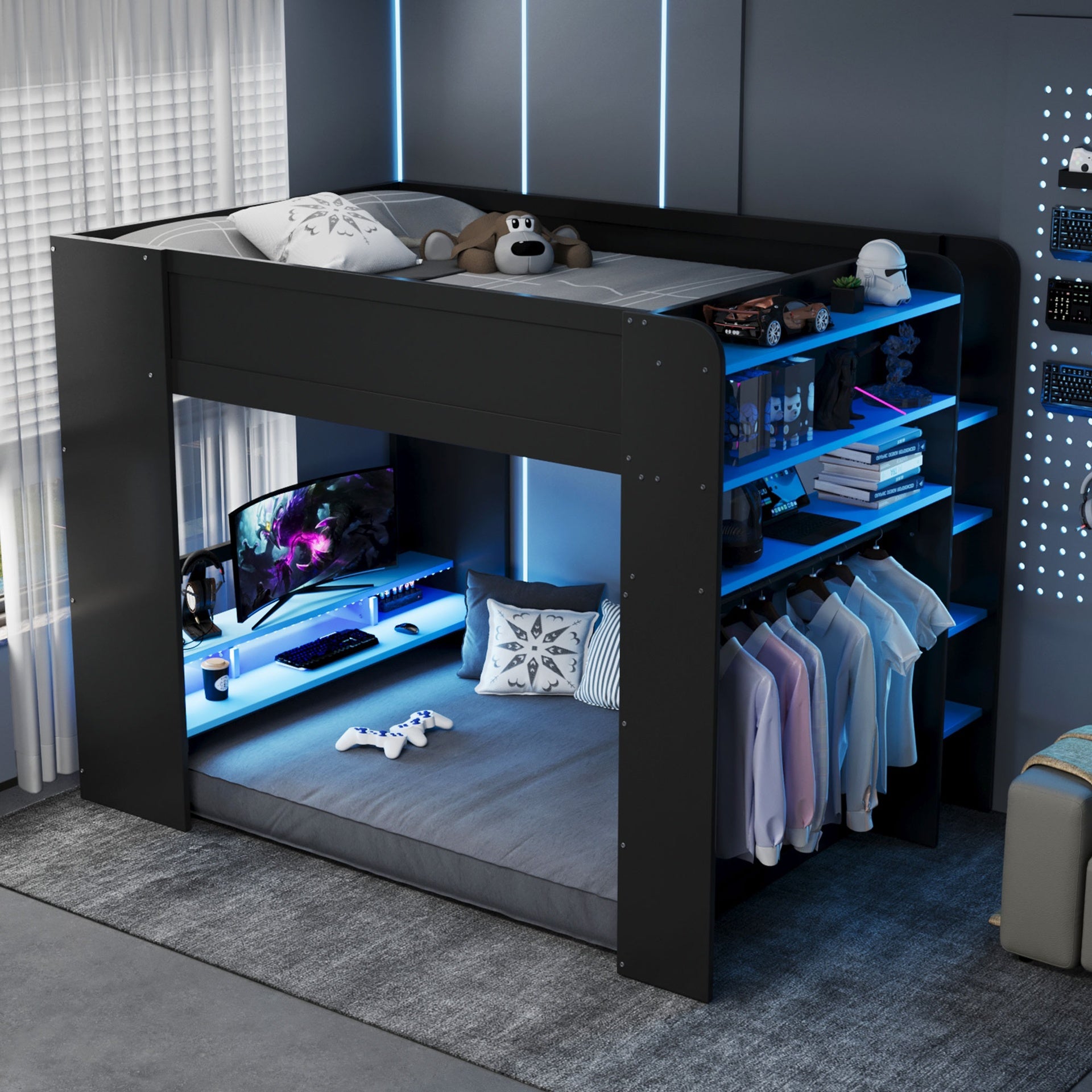 Full Size Wood Bunk Bed with height-adjustable Desk,Wardrobe,Ample Storage Space,and RGB Light, Blue