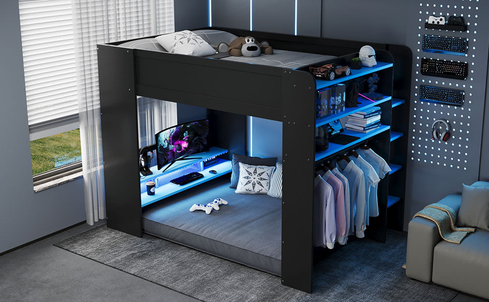 Full Size Wood Bunk Bed with height-adjustable Desk,Wardrobe,Ample Storage Space,and RGB Light, Blue
