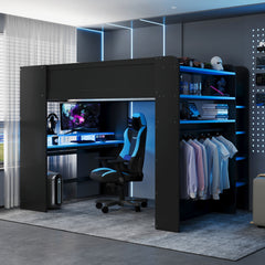 Full Size Wood Bunk Bed with height-adjustable Desk,Wardrobe,Ample Storage Space,and RGB Light, Blue