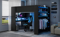 Full Size Wood Bunk Bed with height-adjustable Desk,Wardrobe,Ample Storage Space,and RGB Light, Blue