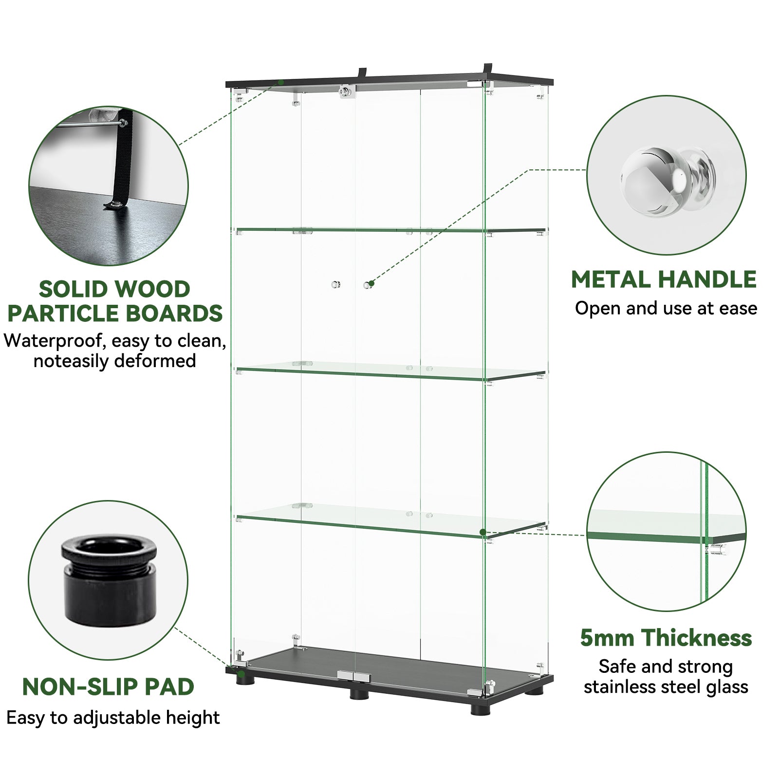 Glass Display Cabinet with 4-Shelf Double Doors and Lock, Curio Cabinet 5mm Tempered Glass Floor Standing Bookshelf for Living Room, Bedroom, Office, 64 x 31.7 x 14.3 in, Black