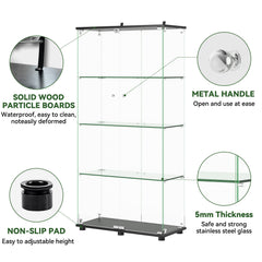 Glass Display Cabinet with 4-Shelf Double Doors and Lock, Curio Cabinet 5mm Tempered Glass Floor Standing Bookshelf for Living Room, Bedroom, Office, 64 x 31.7 x 14.3 in, Black