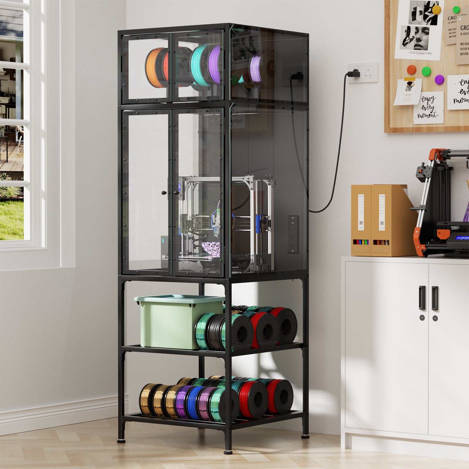3D Printer Cabinet with Double Layer 3D Printer Filament Storage Rack, T-Shaped Filament Bar & Noise-Reducing, Dust-Proof Design, Suitable for Studio, Office Storage and Organization