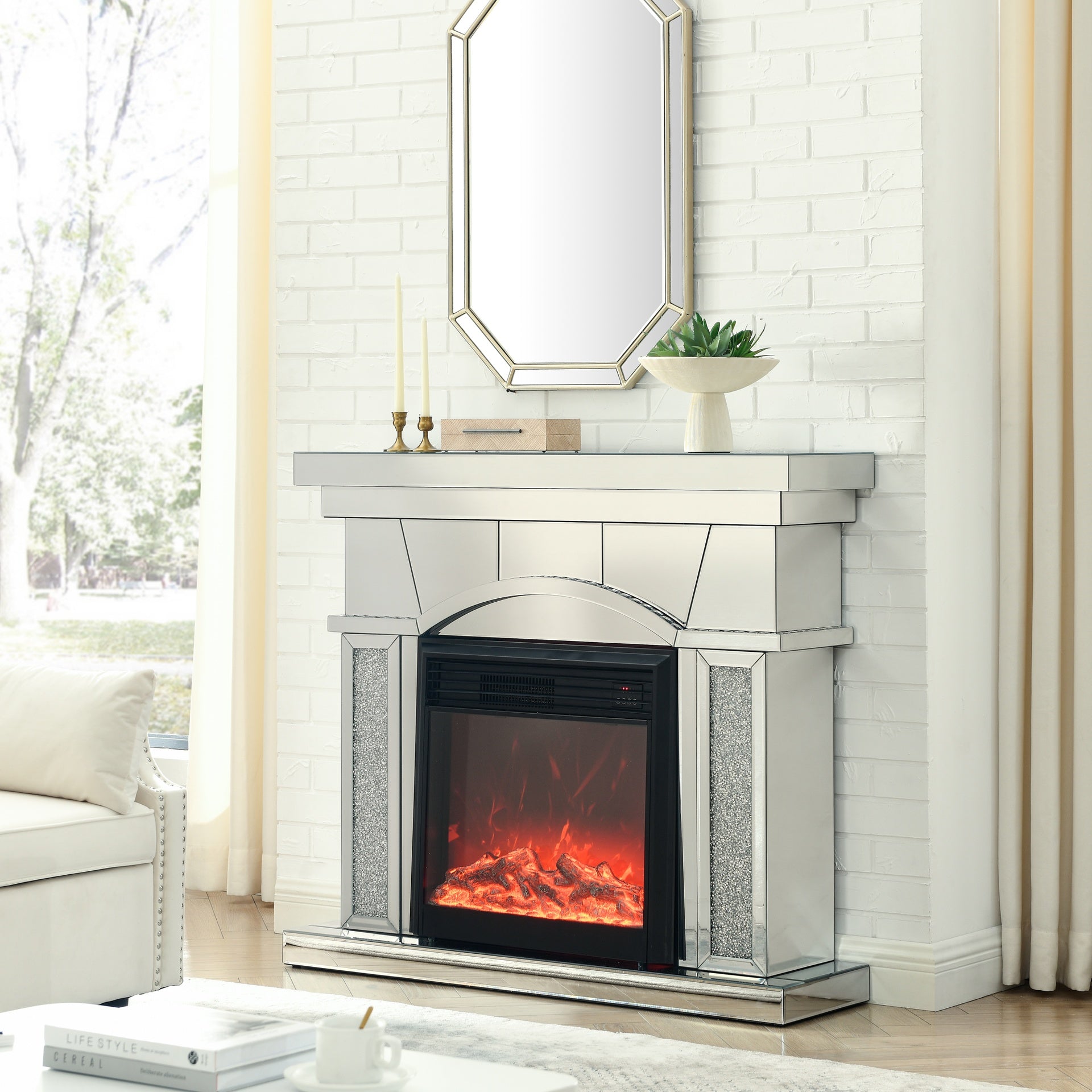 Dome door acrylic mirror fireplace cabinet, TV fireplace cabinet