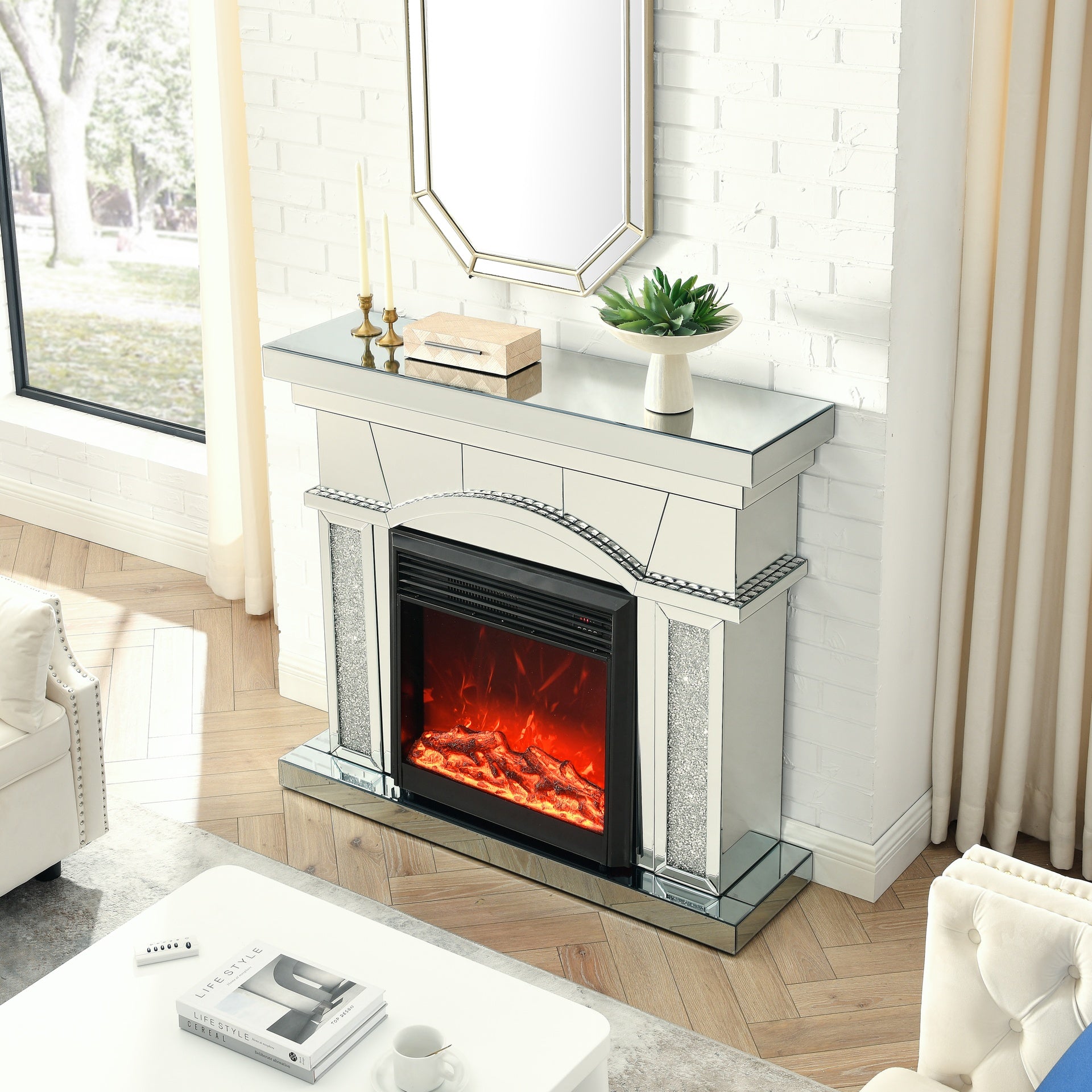 Dome door acrylic mirror fireplace cabinet, TV fireplace cabinet