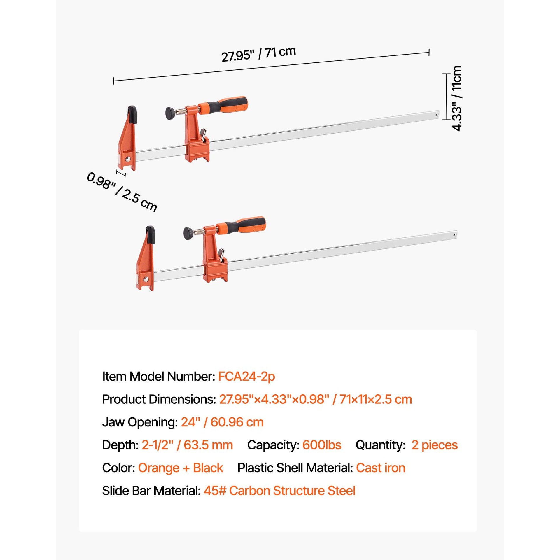 Bar Clamps for Woodworking 2-Pack 24 inch Opening Lockable F Clamp Cast Iron