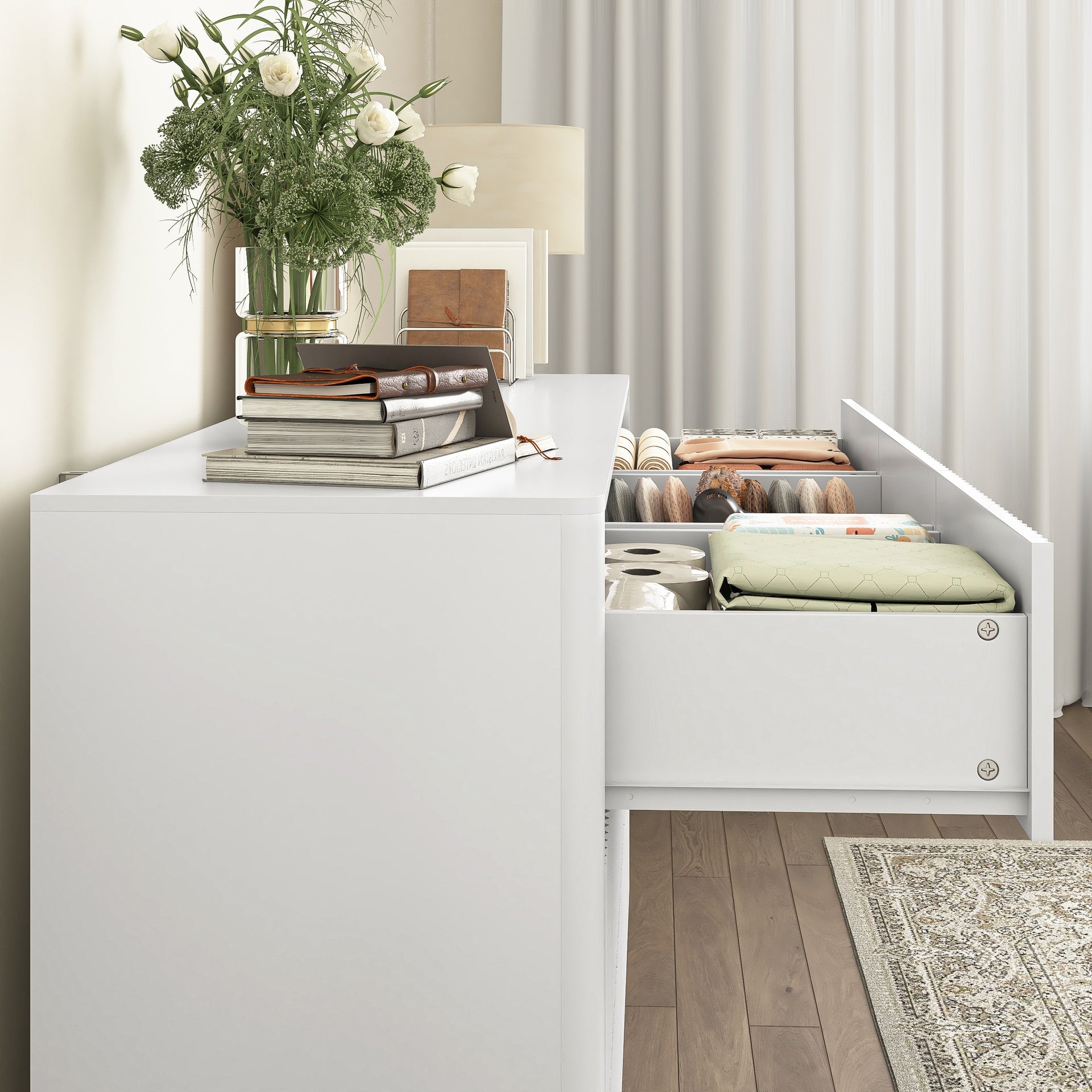9 Drawer Dresser for Bedroom with large Drawers, 63" Wide Wood Dresser, Large Floor Chest of Drawers, Modern Long TV Stand, Mid Century Storage Cabinet Side Table, White