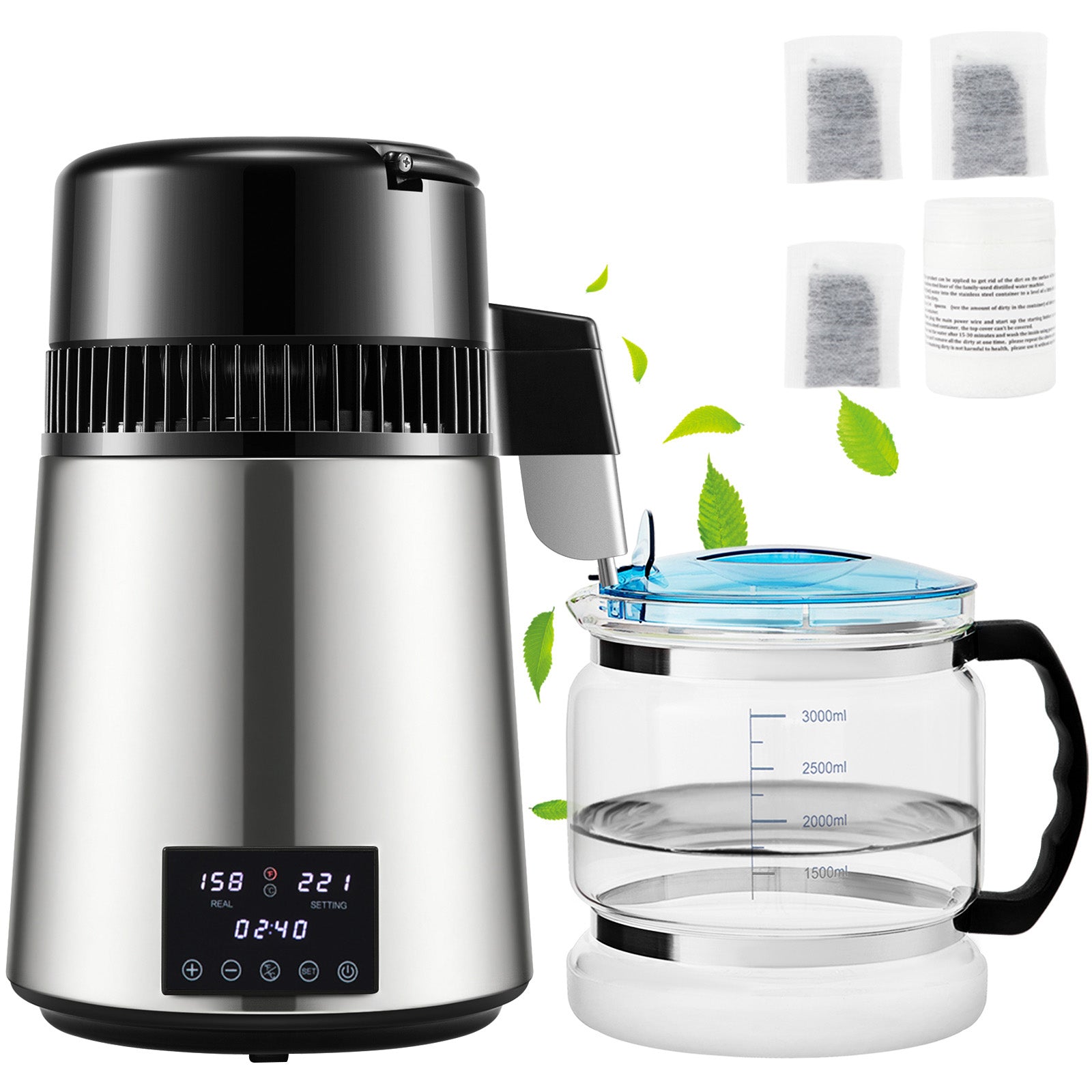 4L Water Distiller 1.5L/H Distilled Water Maker Timing Dual-Temp Silver