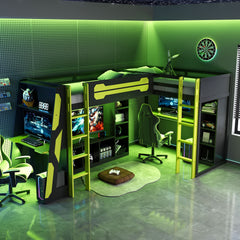 L-Shaped Wooden twin Size Gaming Bed Frame with RGB LED Lights, Dual twin Beds, USB Ports, TV Stand & Storage Shelves, Reversible Layout, Space-Saving Wood Loft Bed for Teens & Adults-Green