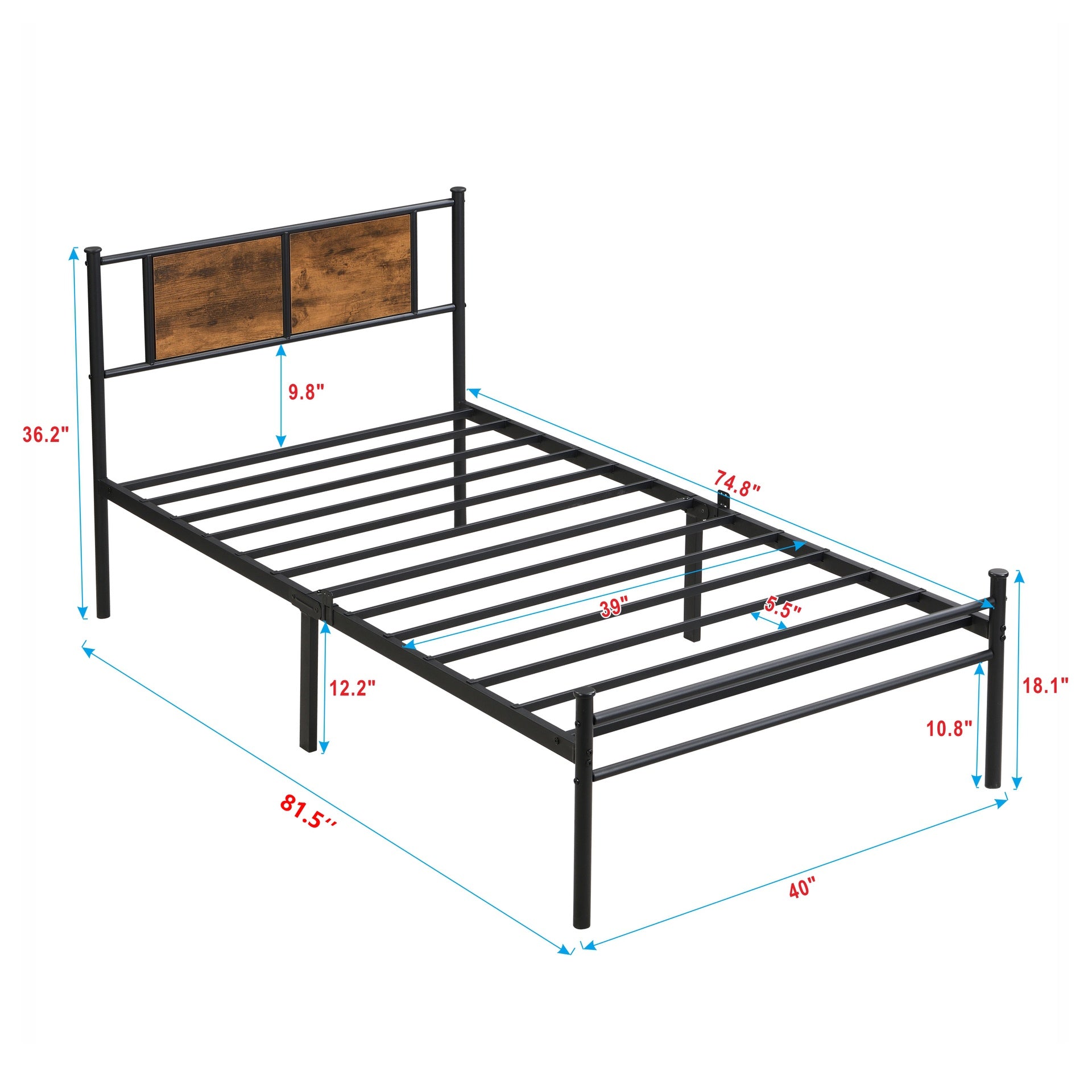 Twin XL Size metal bedframe,Headboard with wood panel decoration,black
