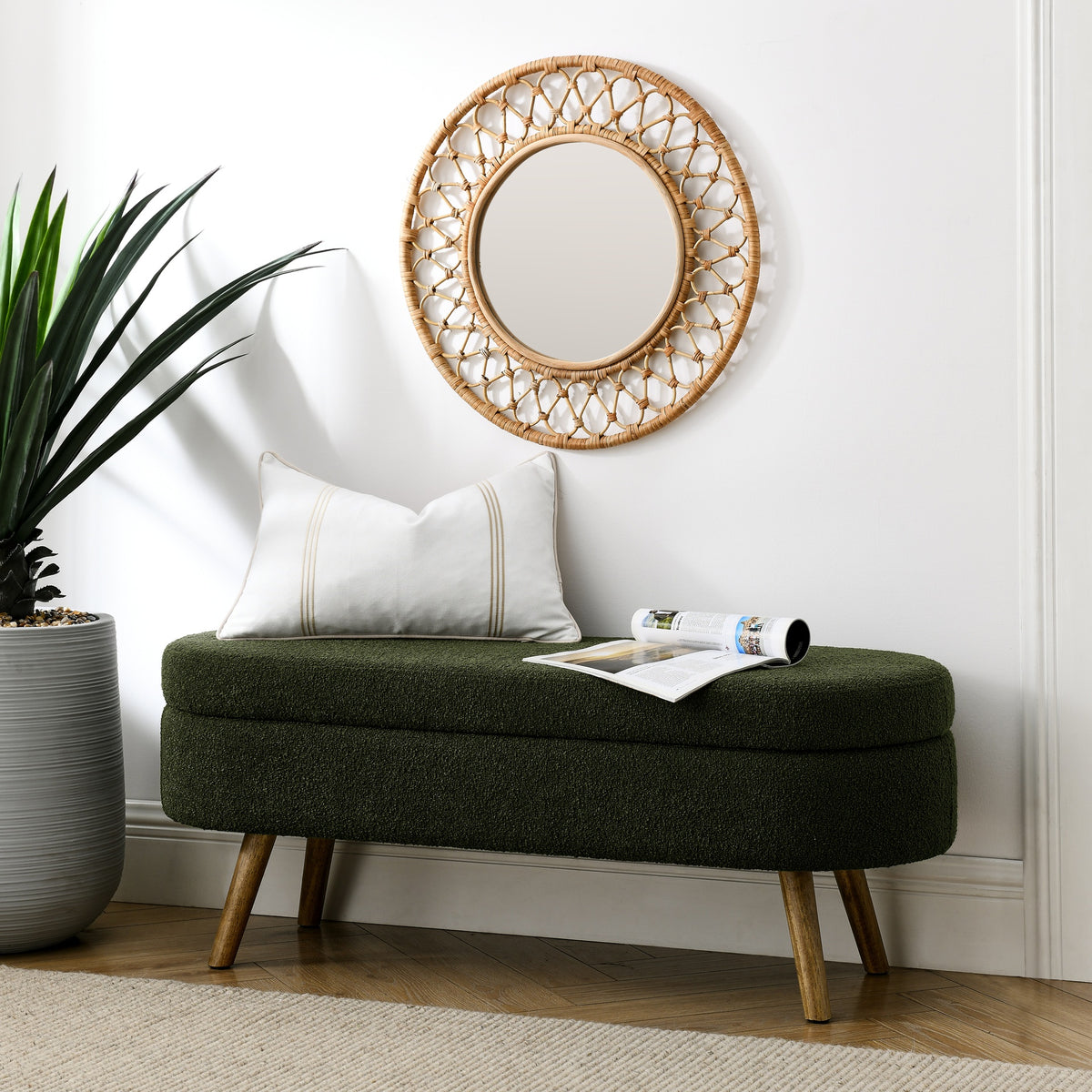 Ottoman Oval Storage Bench,Rubber Wood Legs, Green(43.5"x16"x16")