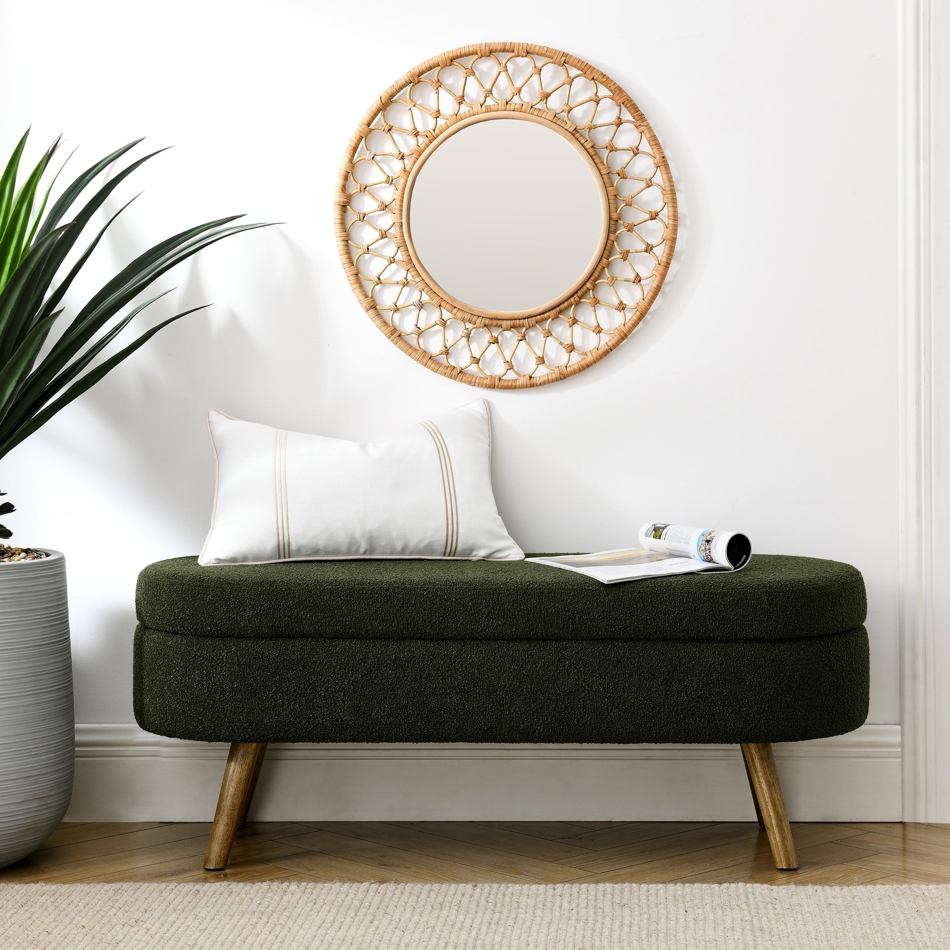 Ottoman Oval Storage Bench,Rubber Wood Legs, Green(43.5"x16"x16")