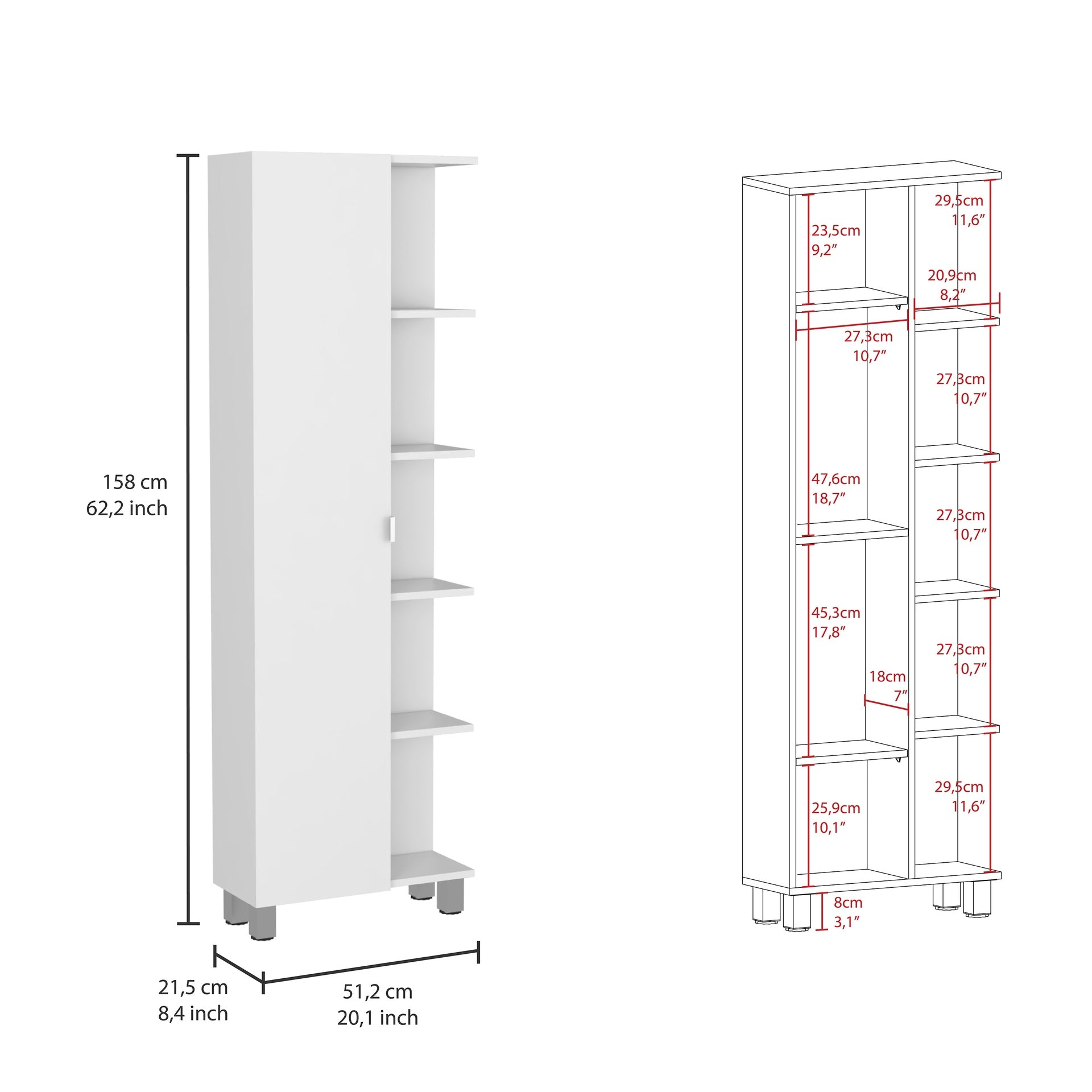 Urano Corner Linen Cabinet, Five External Shelves, Single Door, Four Interior Shelves -White