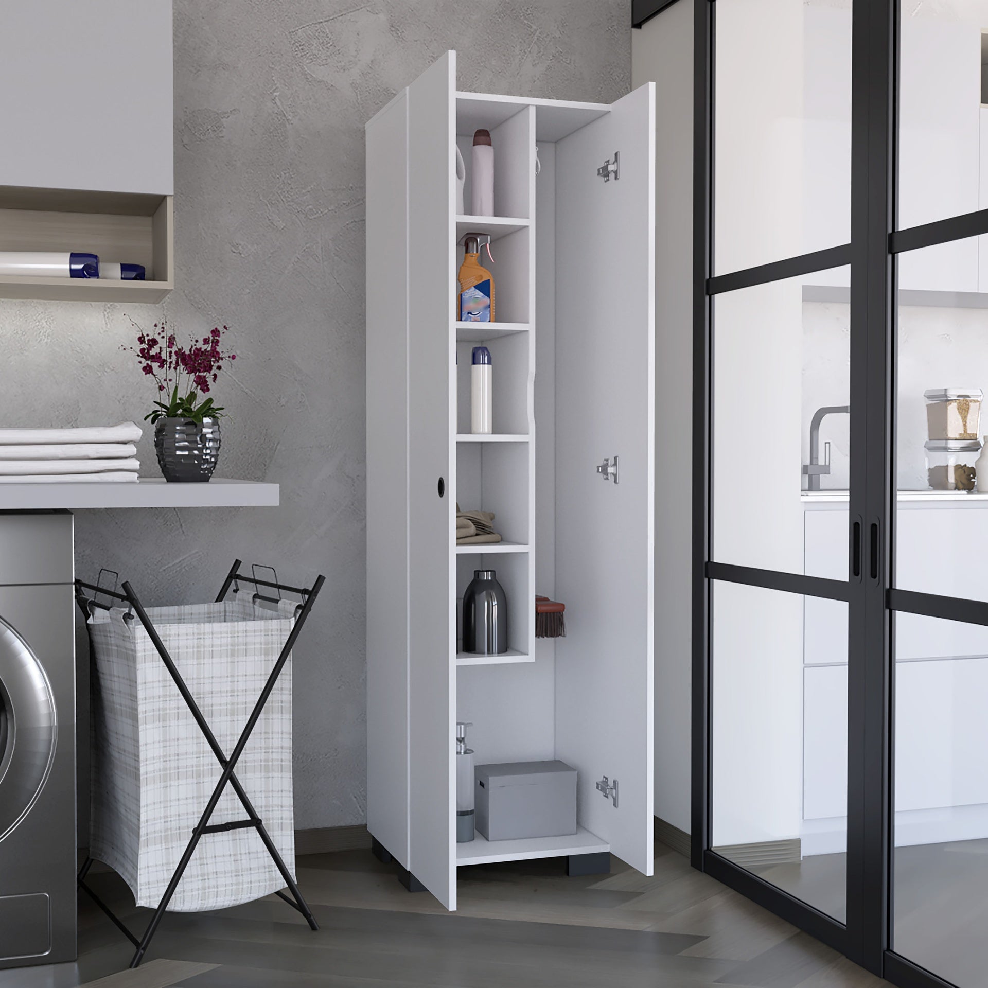 Lake Broom Cabinet Slim-Design Storage Solution with Inner Shelves and Side Broom Hangers White